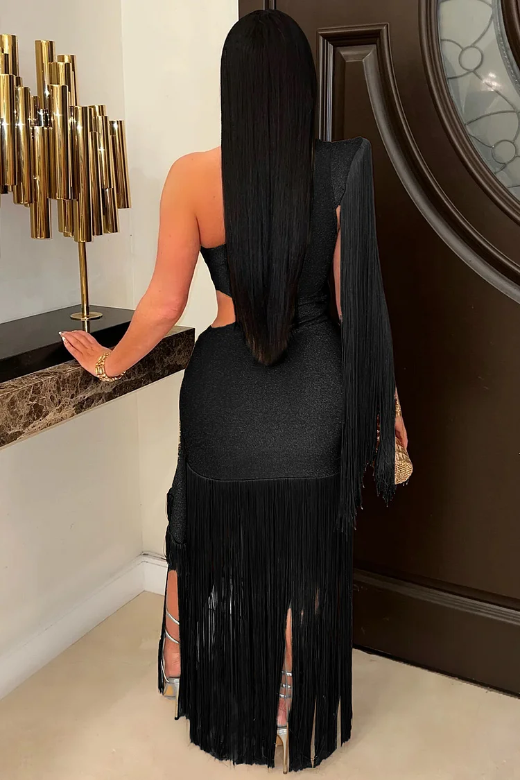 One Shoulder Cutout Shimmering Bodycon Fringed Maxi Dresses-Brown