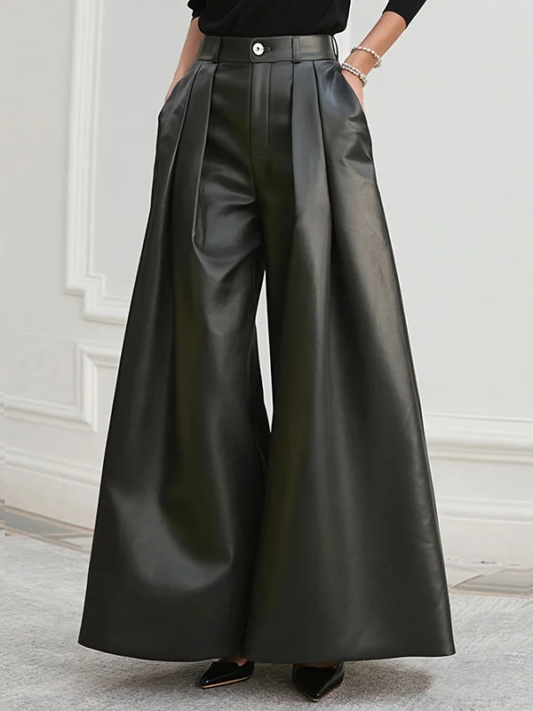 Pleated Pockets Solid Color Loose Wide Leg Trousers Pants