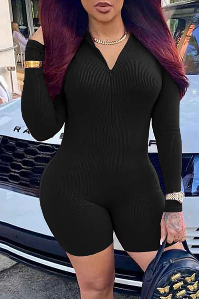 Fashion Casual Solid Basic Zipper Collar Skinny Romper