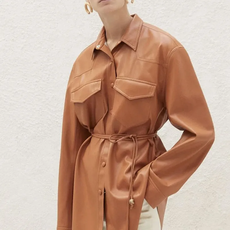 Niche artificial leather shirt women's single breasted drawstring long sleeve leather jacket-vocosishoes