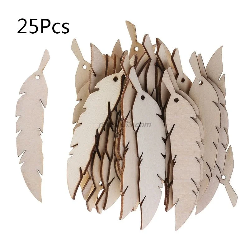 25pcs Cut Wood Feather Embellishment Wooden Shape Craft Wedding Decor