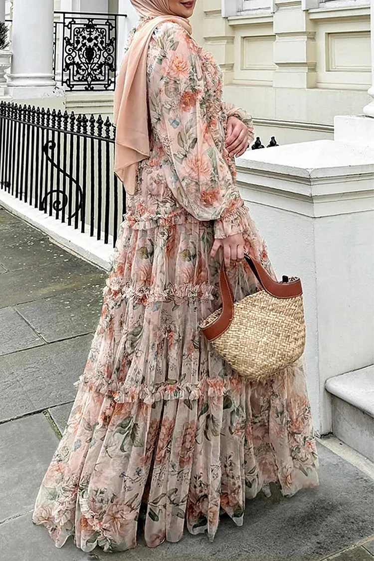 chinese dress ladies White V Neck Long Sleeve Maxi Ruffle Layered Dress – Sassymyprom main image 1
