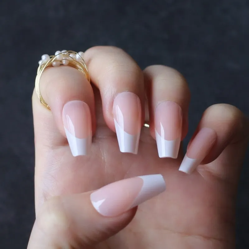 White tipped coffin nails out line UV french tips nude glossy fasle nails sophisticated nude with little bit of tipping edge-Nail Inspo