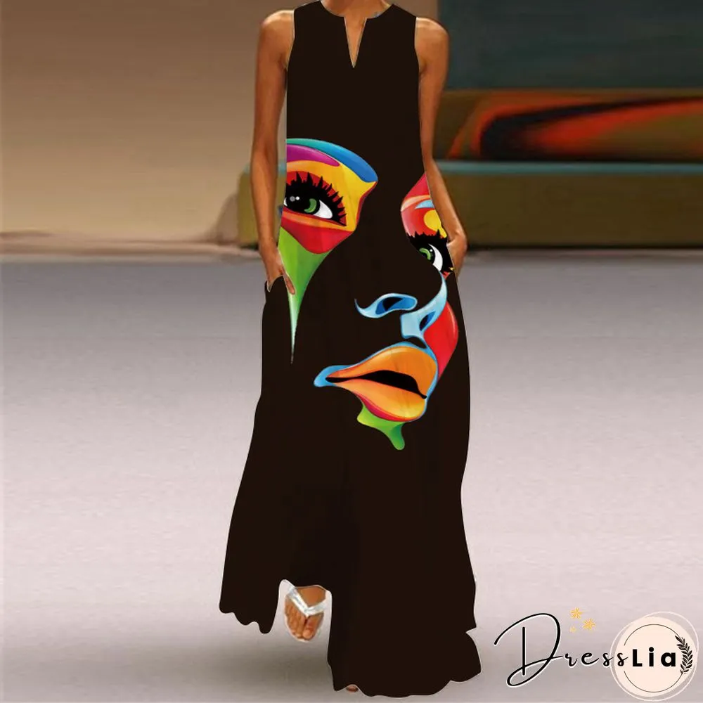 New Fashion Print Summer Dress Casual Sexy Boho Beach Women Party V-neck Sleeveless Pocket
