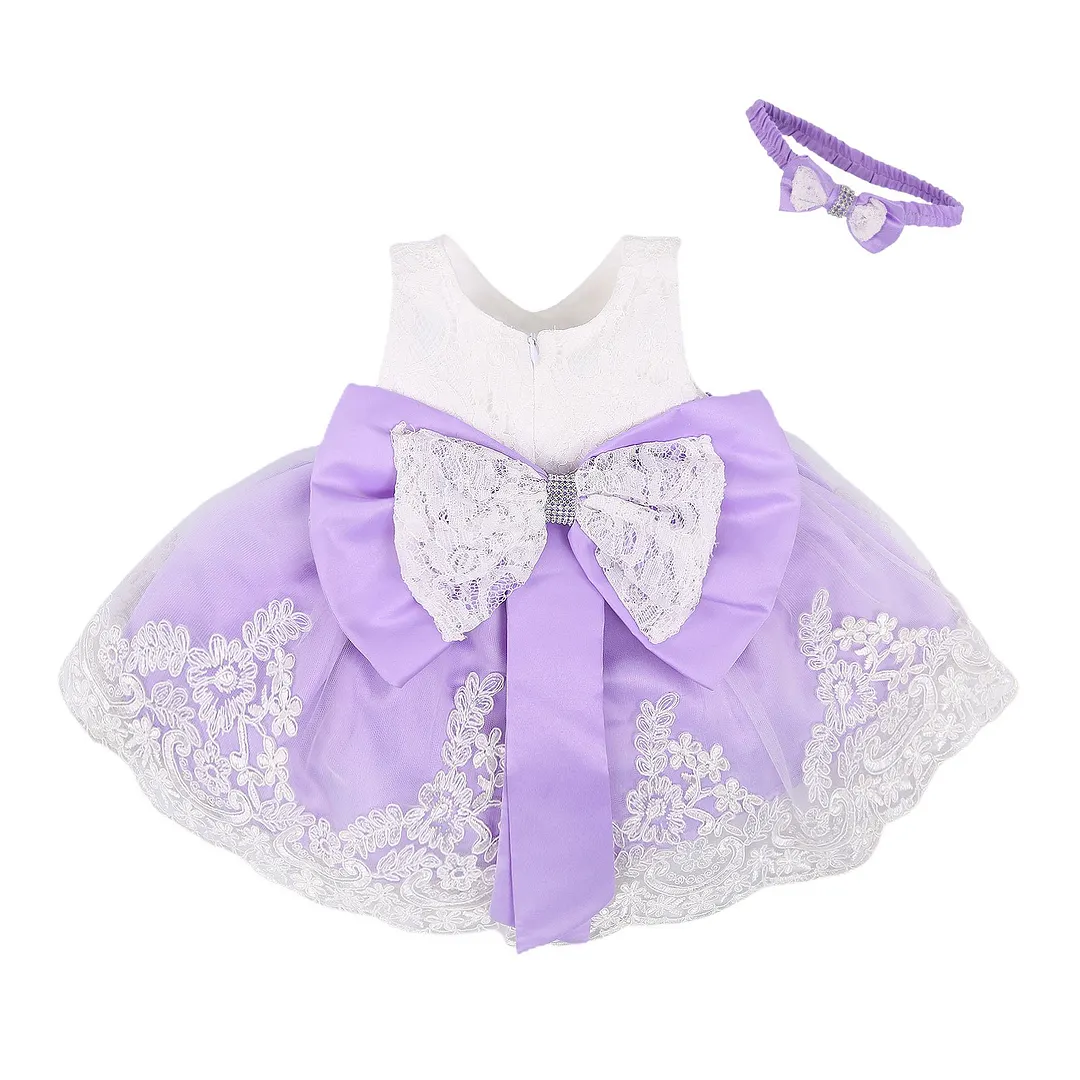 Baby Summer Clothing New Baby Princess Girls Dress Christening Lace Wedding Party Kids Formal Clothes+ Headband 0-24M
