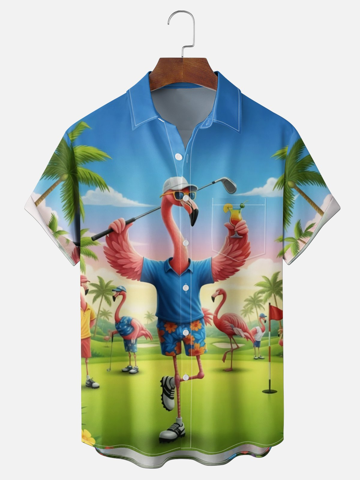 Moisture Wickin Fun Golf Flamingo Chest Pocket Holiday Hawaiian Shirt PLUSCLOTHESMAN