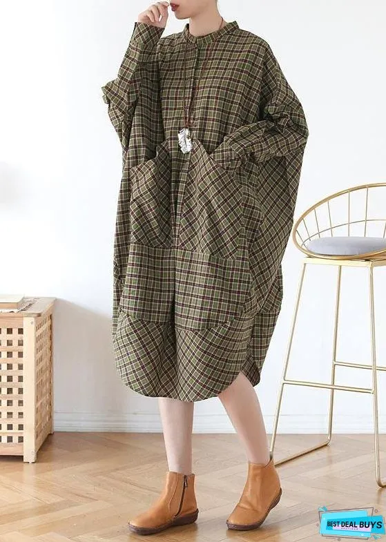 Women Green Plaid Long Shirt Mid Spring Cotton Dress