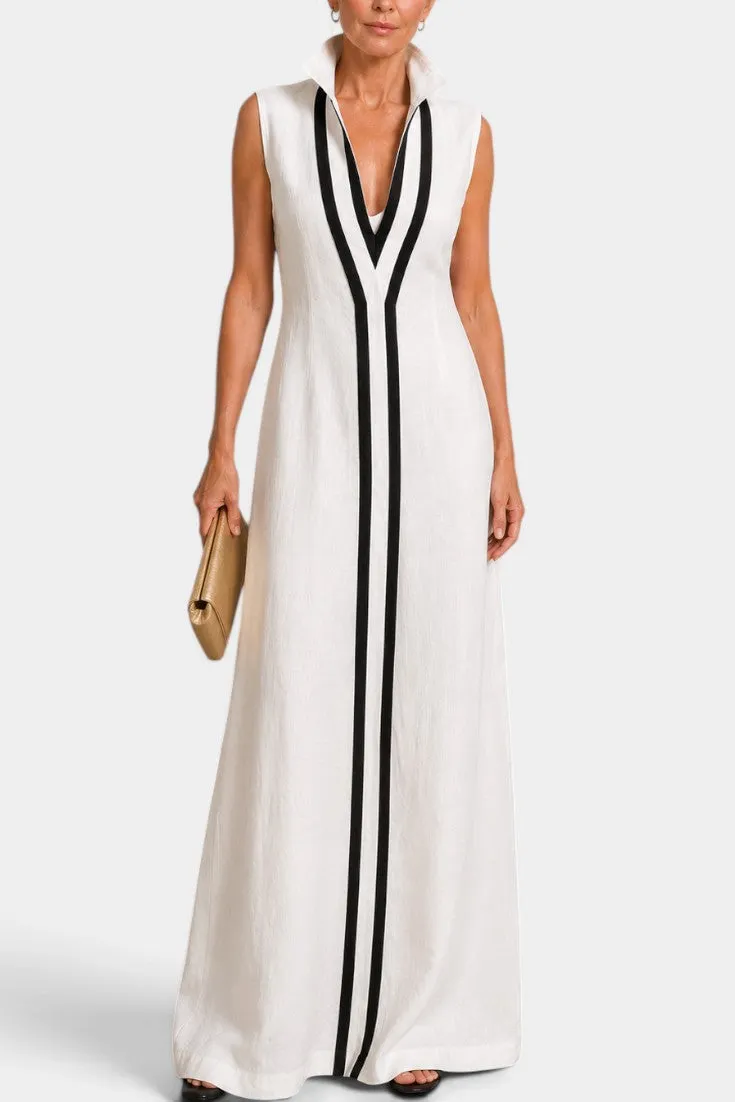 Sleeveless Maxi Dress with V-Neck Contrast Trim