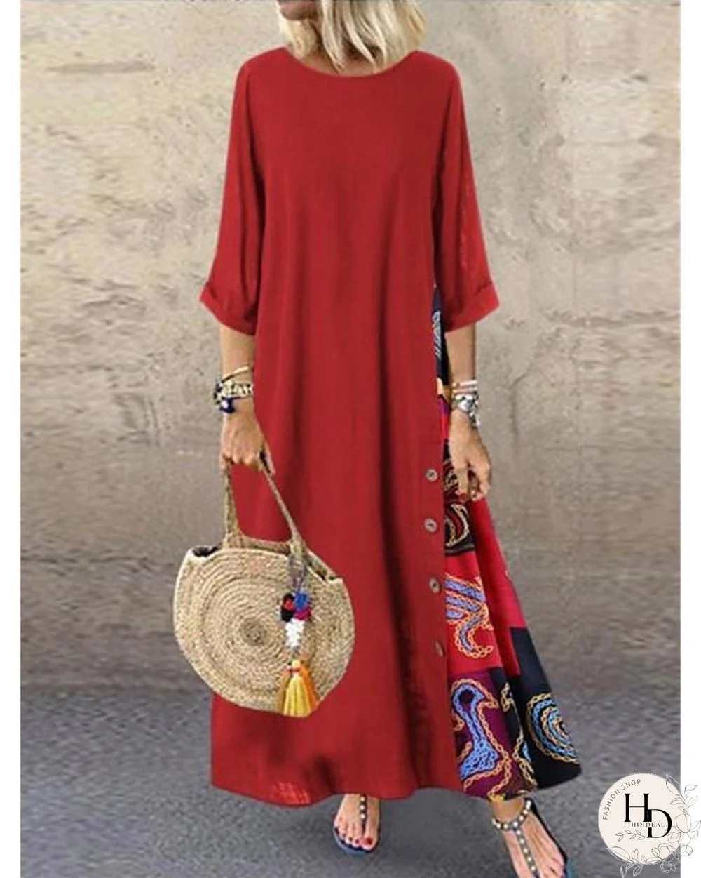 Women's Swing Dress Maxi long Dress - 3/4 Length Sleeve Print Print Spring & Summer Hot Casual Holiday vacation dresses Loose Red Yellow Wine Army Green Navy Blue Gray L XL XXL 3XL 4XL 5XL