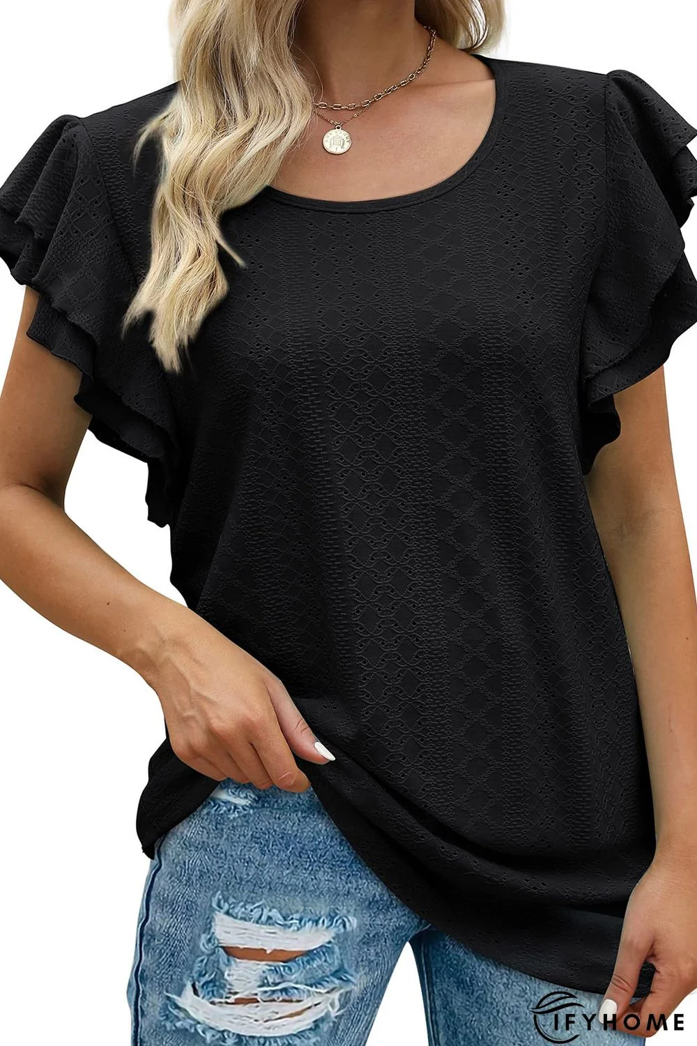 Black Rhombus Textured Ruffle Short Sleeve Blouse | IFYHOME