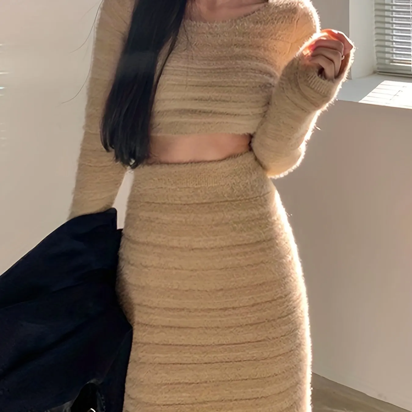 Versatile Solid Two-piece Skirt Set Crop Long Sleeve Top High Waisted Bodycon Outfits