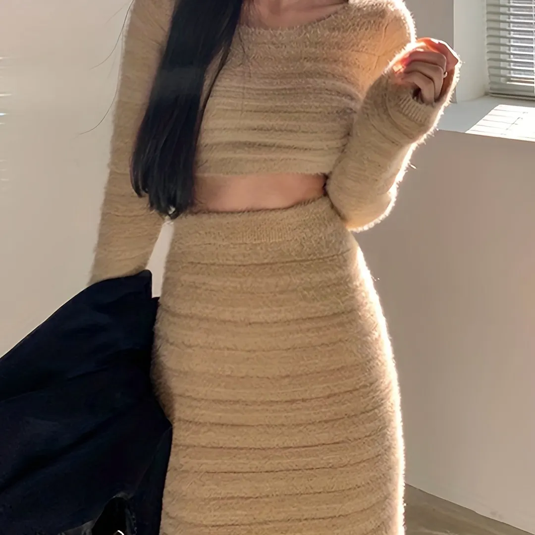 Versatile Solid Two-piece Skirt Set Crop Long Sleeve Top High Waisted Bodycon Outfits