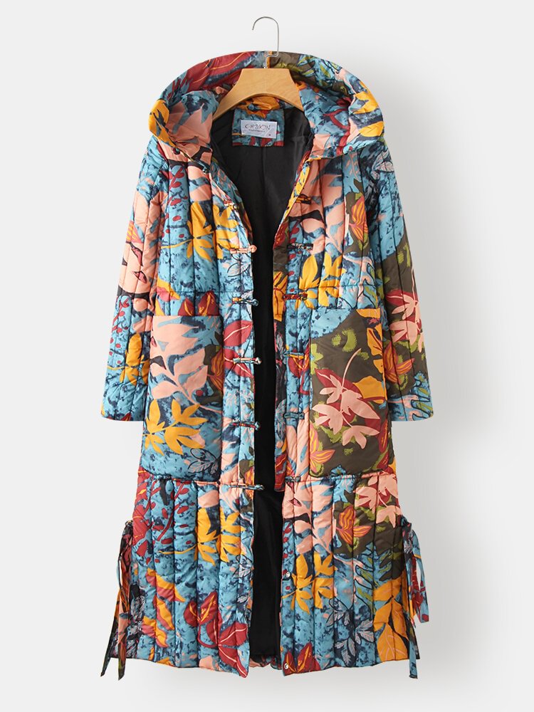 Vintage Printed Long Sleeve Hooded Knotted Coat For Women - Life is Beautiful for You - SheChoic