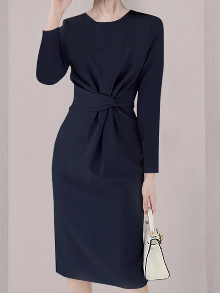 Fashion Long-sleeved Blue Mid-length Dress