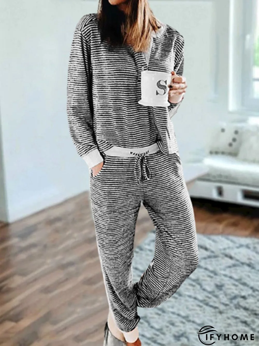 Vintage Striped Plus Size Long Sleeve Crew Neck Buttoned Casual Two Piece Sets | IFYHOME