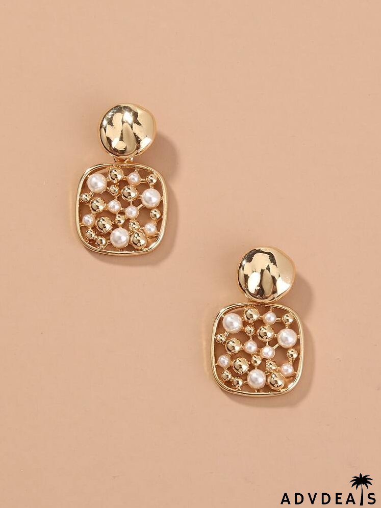 Faux Pearl Decor Hollow Out Square Drop Earrings