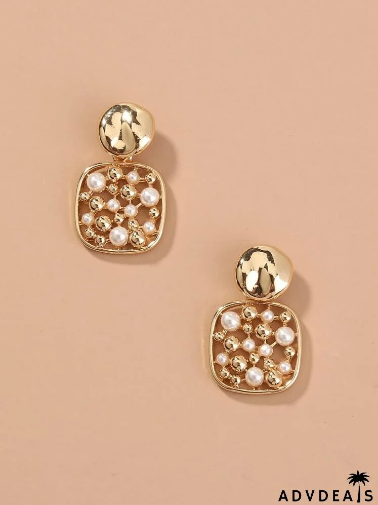 Faux Pearl Decor Hollow Out Square Drop Earrings