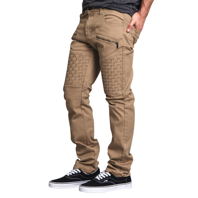 Teezonebest Men's Casual Leather Stitching Trousers Thin Straight Pants