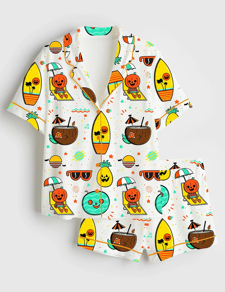 Women&rsquo;s Summerween Spooky Beach Vibes Pumpkin Trendy Summer Print Short Sleeve Satin Pajama Set