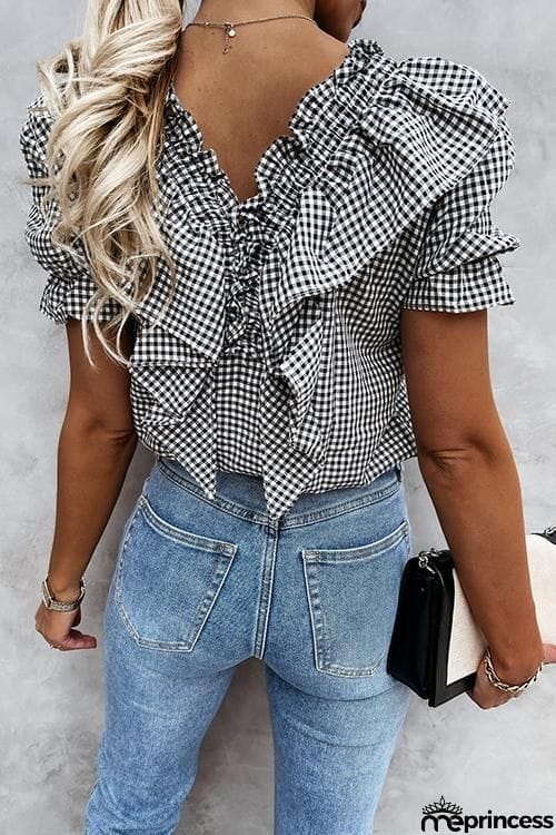 Plaid Ruffles V Neck Puff Sleeve Blouse