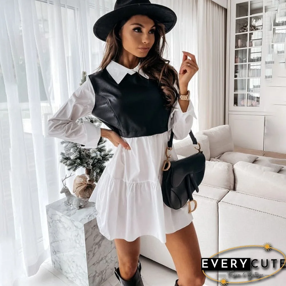 Casual Long Sleeve Mini Shirt Dress For Women White Spring PU Leather Patchwork Plaid Woman Dresses Clothing Femme Robe