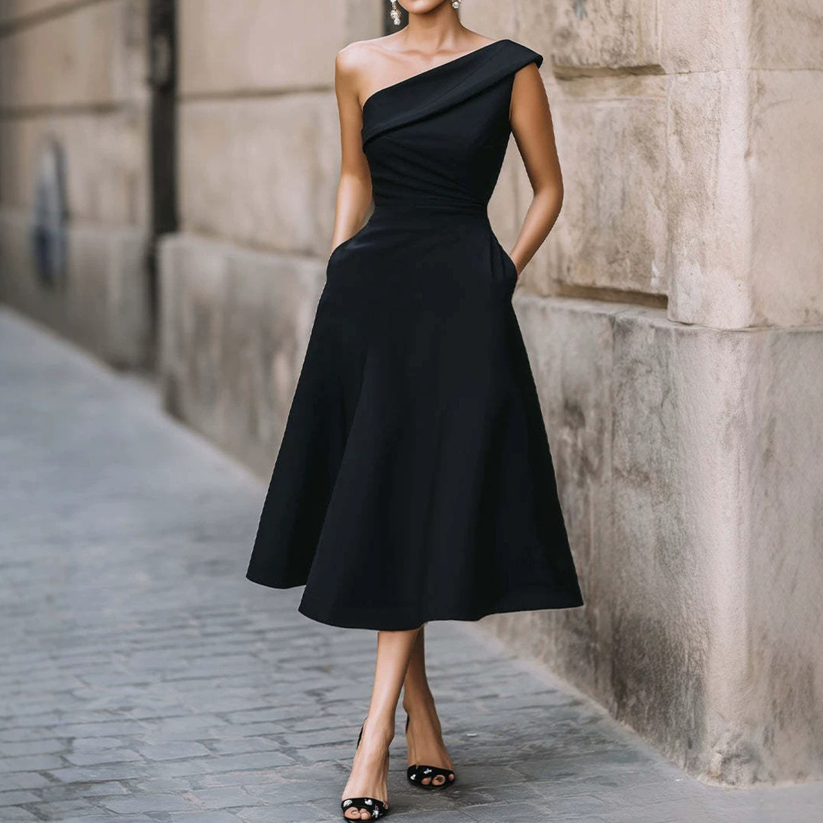 Elegant Solid Color One Shoulder A-line Midi Dress elevenforest