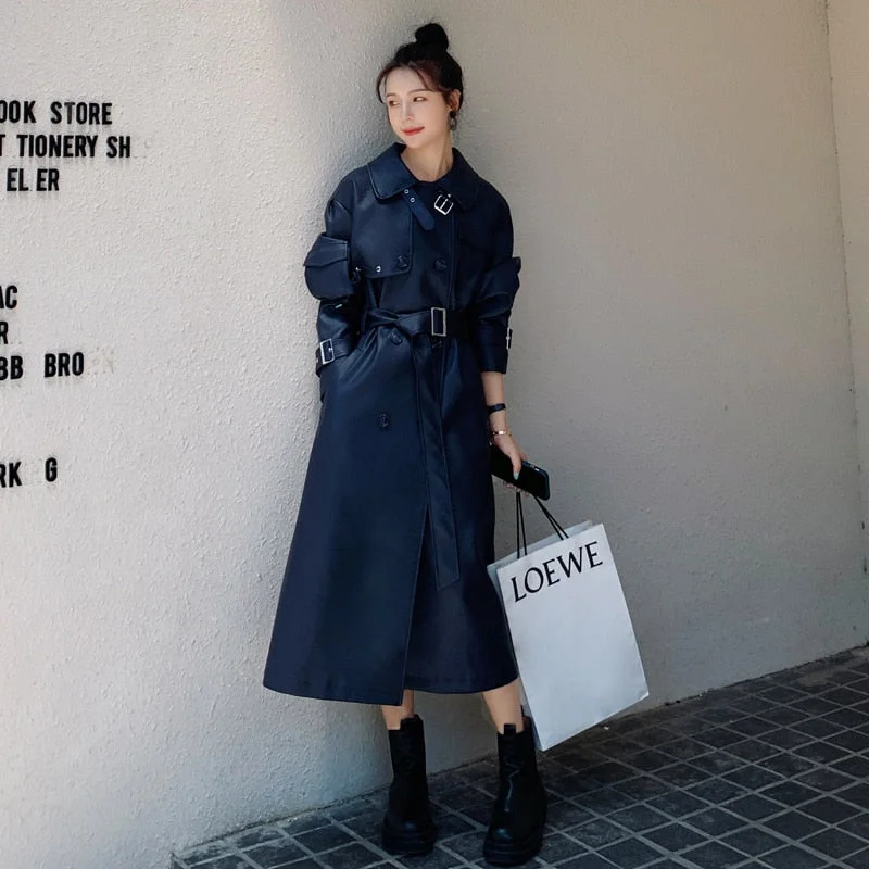 Fashion Elegant European Style Long PU Leather Trench Coat Women Double-Breasted with Belt Spring Autumn Lady Outerwear