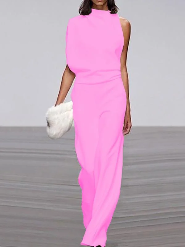 Solid color one-shoulder pile collar jumpsuit