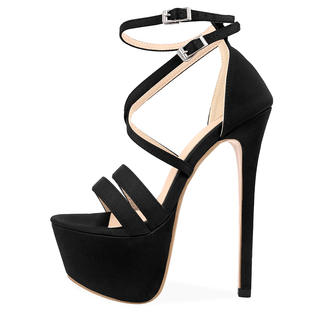 Black Suede Open Toe Stiletto Heel Platform Sandals with Buckle Nicepairs