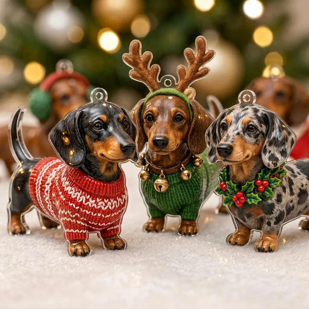 Close view of holiday dachshund collectible ornaments