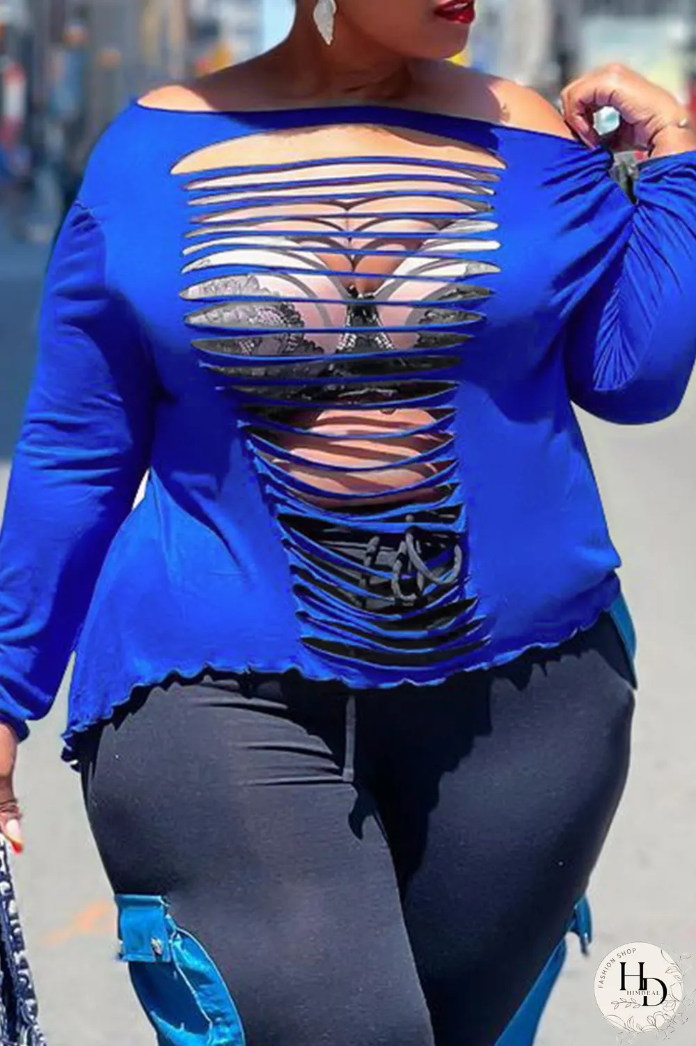 Tangerine Red Sexy Solid Ripped Off the Shoulder Plus Size Tops