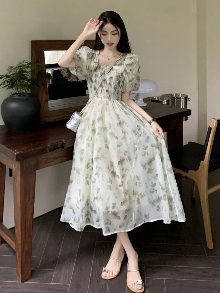 Llyge Deeptown Korean Style Long Cottagecore Dress Women Fairycore Floral Prom Gown Y2k Elegant Puff Sleeve Tunic Graduation Dresses llyge