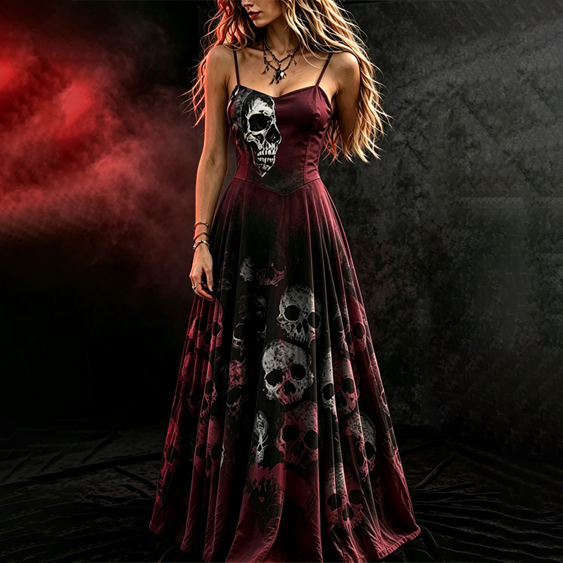 Women's Halloween Long Dress With Black And Red Skull Pattern artswardrobe