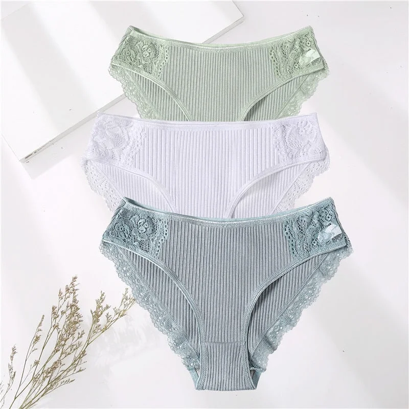 FINETOO 3PCS/Set M-XXL Cotton Underwear Women's Panties Comfort Underpants Floral Lace Briefs For Woman Sexy Low-Rise Intimates