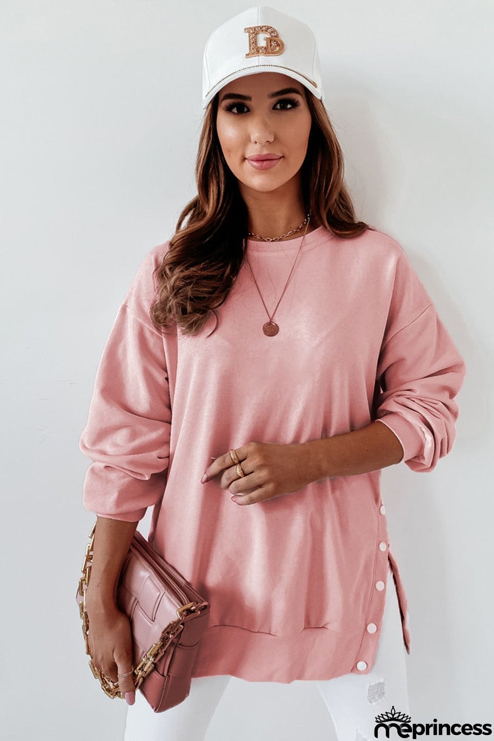 Crew Neck Slit Buttons Sweatshirt