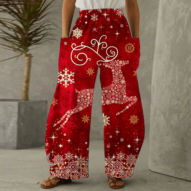 Running Reindeer And Little Snowflakes Pattern Women Red Wide Leg Pants