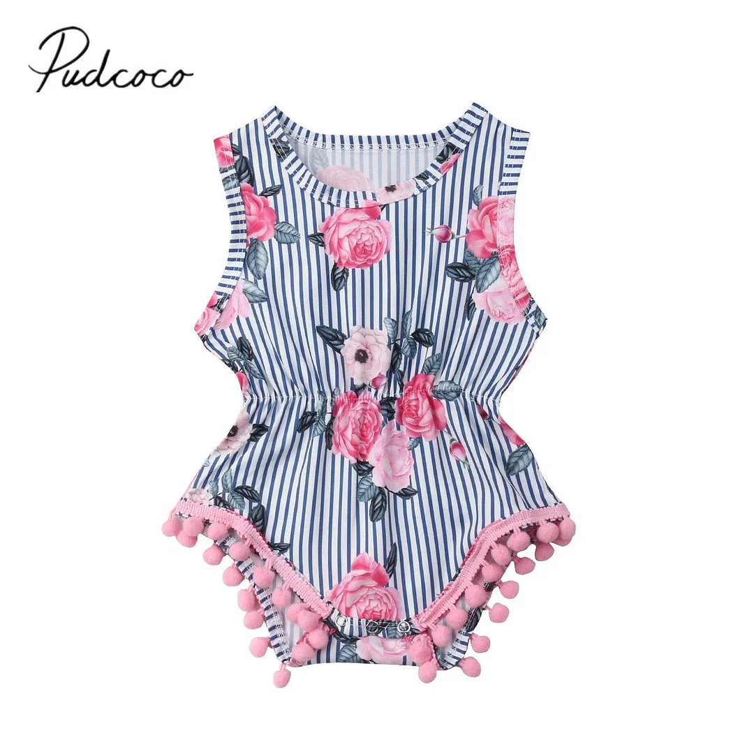 2019 Brand New Newborn Infant Kids Baby Girls Romper Sleeveless Tassel Ball Striped Floral Print Elastic Waist Jumpsuits Summer