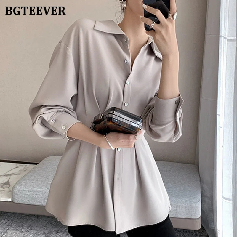 BGTEEVER Stylish Chic Turn-down Collar Women Chiffon Shirts Elegant Single-breasted Slim Waist Female Solid Blouses Tops 2021