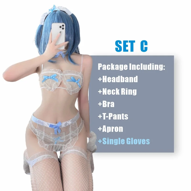 OJBK Sexy Kawaii Maid Cosplay Three Point Transparent Uniform Lingerie Lace Underwear Suit With Apron Maid Erotic Outfit 2022New