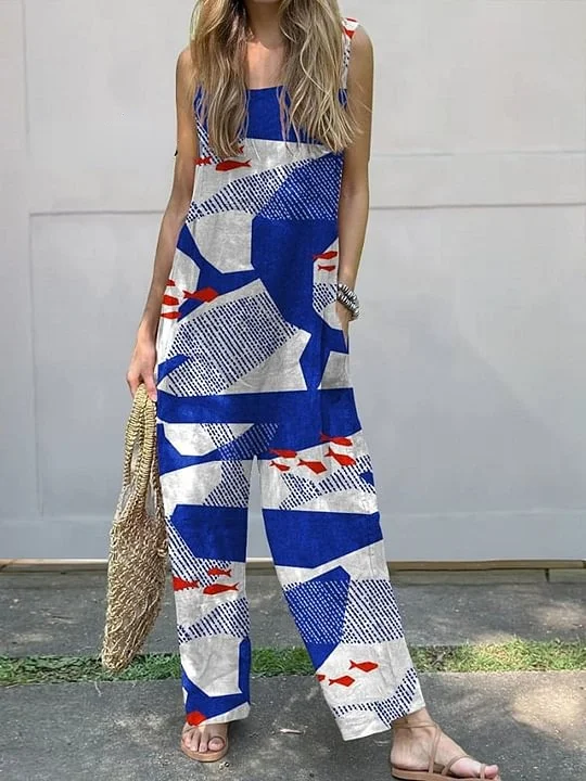 Women's  Retro Fish  Art  Print Casual 100% Cotton Wide Leg Jumpsuit