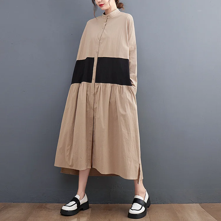 Loose Cotton And Linen Splicing Midi Dress