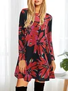 Vibrant Allover Print Crew Neck Loose Fit Dress - Women's Vintage Long Sleeve Dresses for Spring & Fall - Comfortable, Relaxed Style Clothing with Crew Neck Design