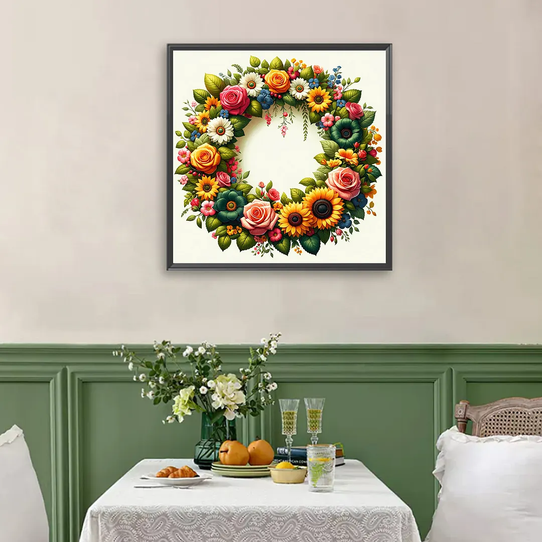 Sunflower Rose Wreath Full DIY 5D Square Drill Gem Art Diamond Painting Kits for Adults/Beginners Gift Idea Home Decor Diamond Dots Paintings Picture Arts Craft Crystal Art Paint by Diamond 35x35cm