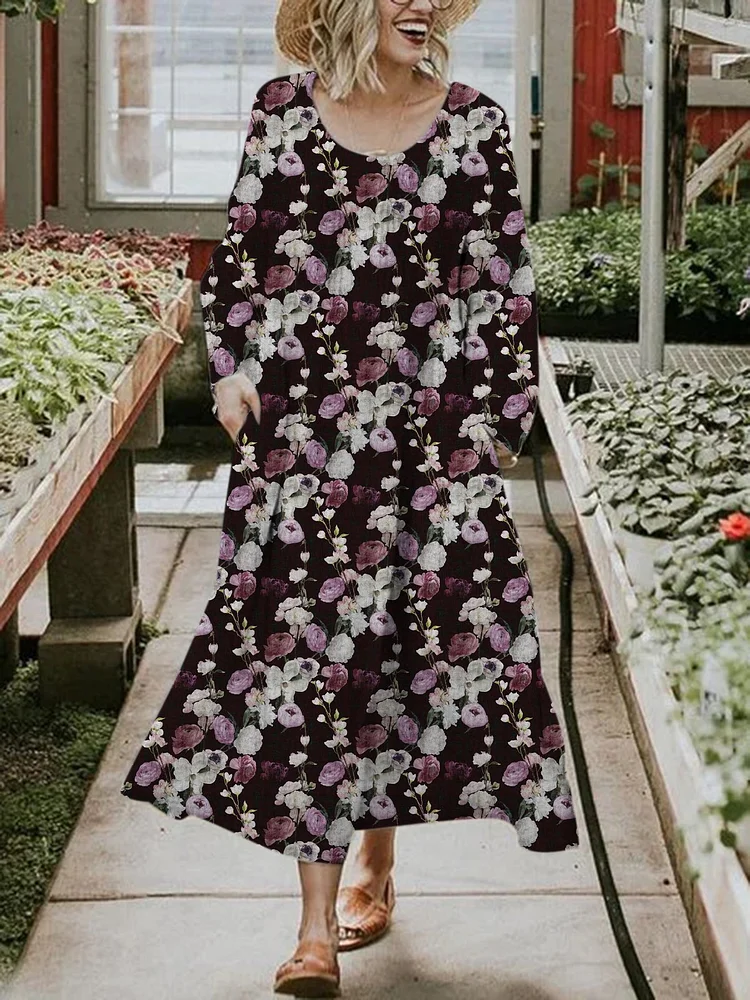 Elegant Burgundy Print  Round Neck Dress-Mayoulove