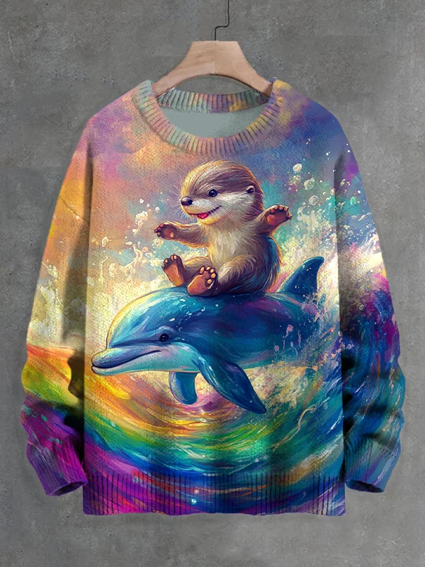Men's Happy Otter And Dolphin Hippie Print Knit Sweatshirt