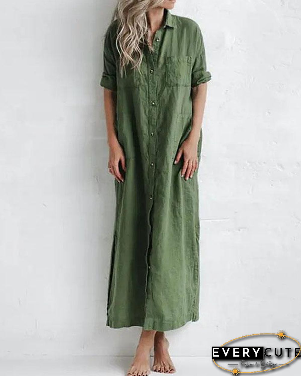 Casual Green Solid Linen Button up Shirt Dresses