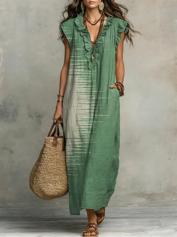 Women's Vintage Print Casual Ruffled Stylish Cotton Linen Dress