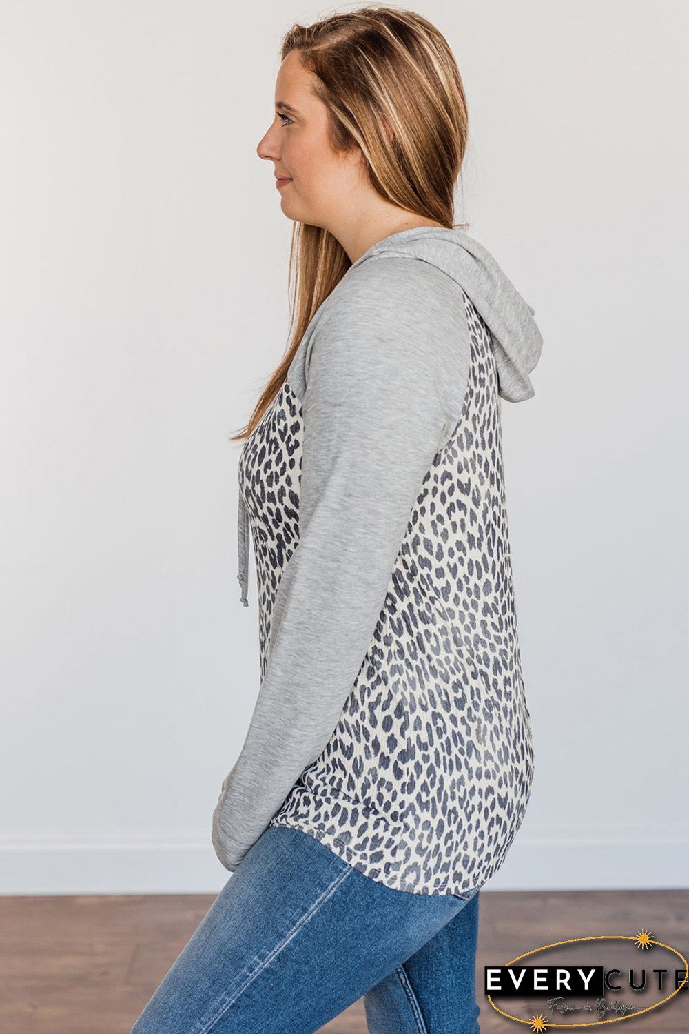 Plus Leopard Contrast Hood Long Sleeve Hoodie