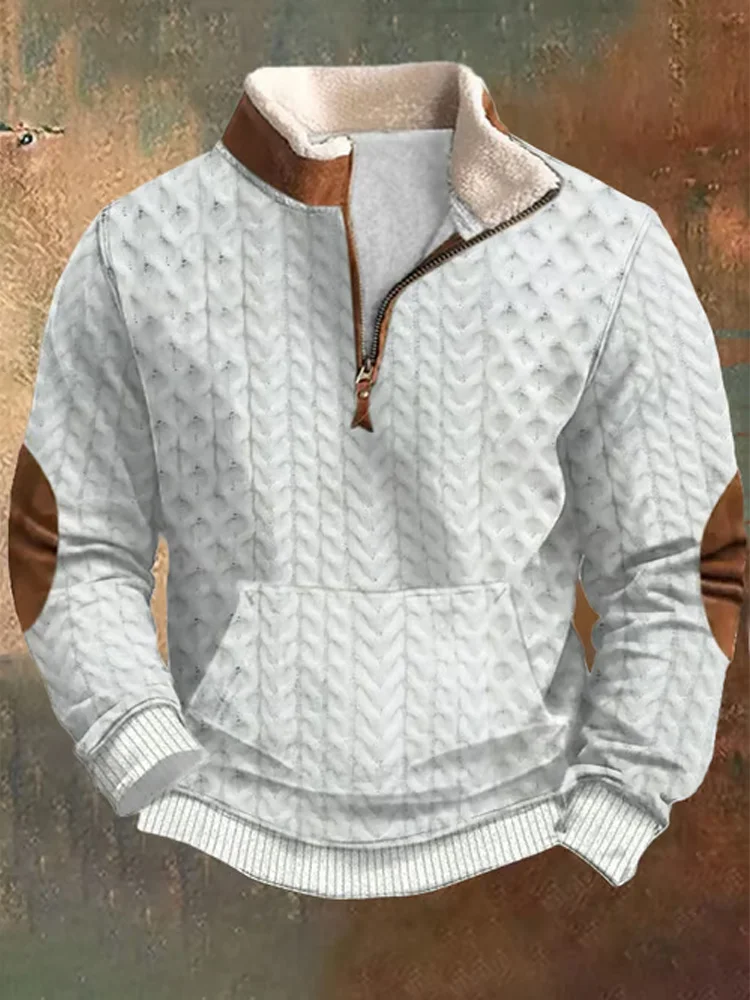 Utbros Men's Vintage Textured Knitted Zipper Neck Long Sleeve Sweatshirt