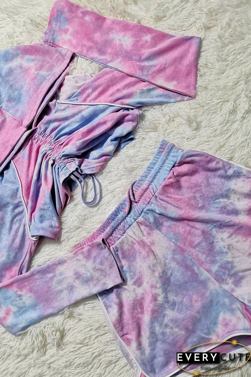 Multicolor Tie Dye Print Drawstring Crop Top and Shorts Active Set